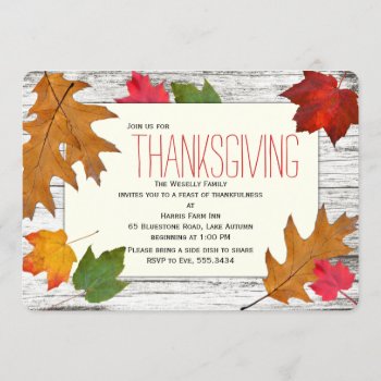 Modern Thanksgiving Dinner Leaves Wood Invitation by fallcolors at Zazzle