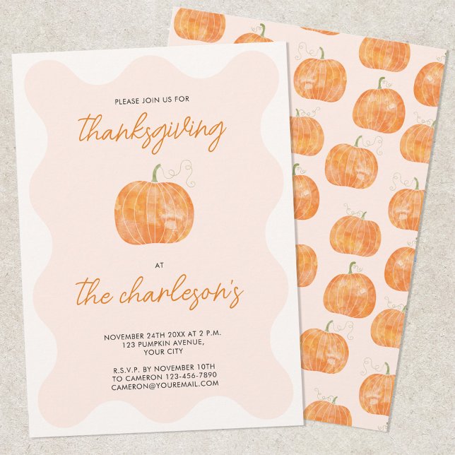 Modern Thanksgiving Dinner Watercolor Pumpkin Invitation (Modern watercolor pumpkin wavy frame personalized Thanksgiving dinner invitation with custom text)