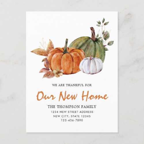 Modern Thanksgiving Our New Home Pumpkin Moving Announcement Postcard