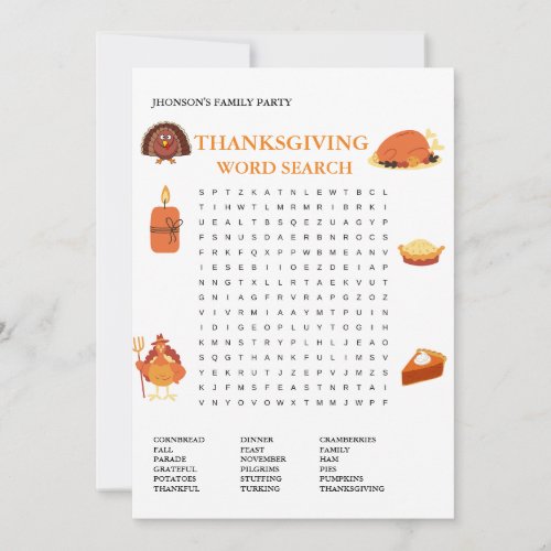 Modern Thanksgiving Word Search Game Card