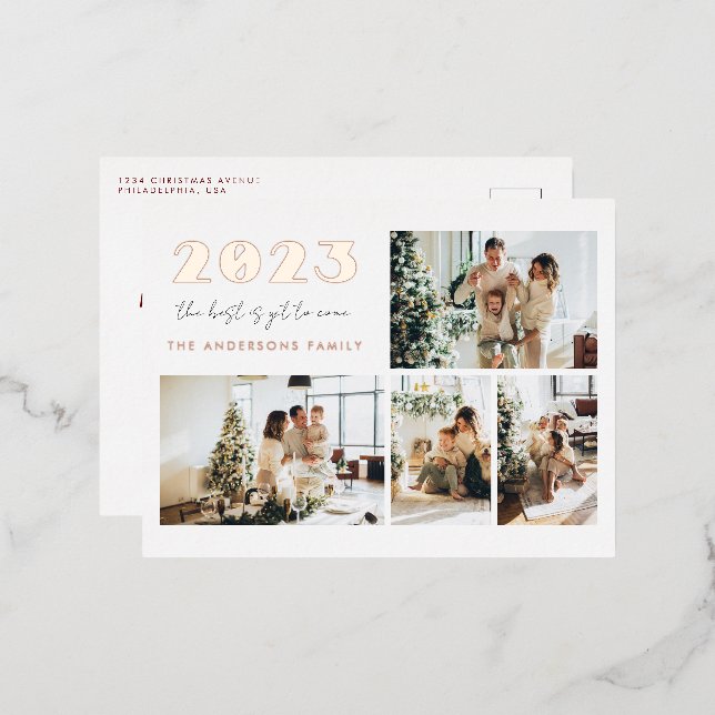 Modern The Best is Yet to Come New Year 4 Photo Foil Holiday Postcard (Front/Back)