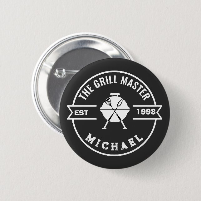 Modern The Grill Master Established Year Name Button (Front & Back)