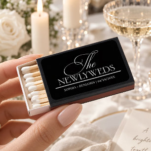 Modern The Newlyweds Elegant Black Wedding Favor Matchboxes