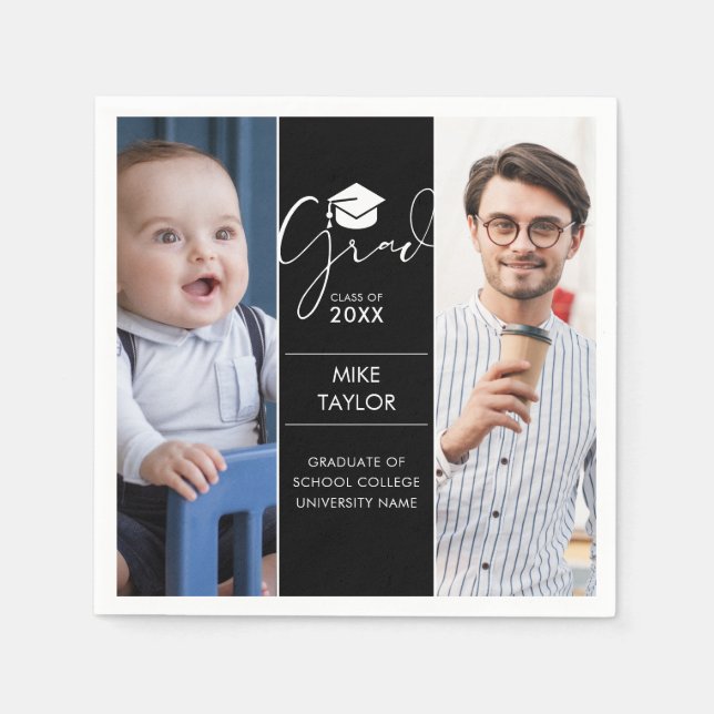 Modern Then And Now 2 Photo Graduation Party Napkins (Front)