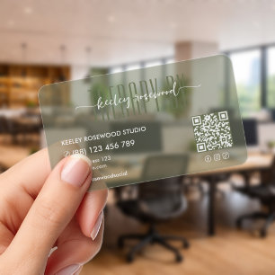 Modern Therapist Sage Transparent QR Clear Business Cards