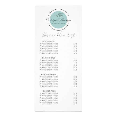 Modern Therapist Stylist Spa Botanical Price List Rack Card