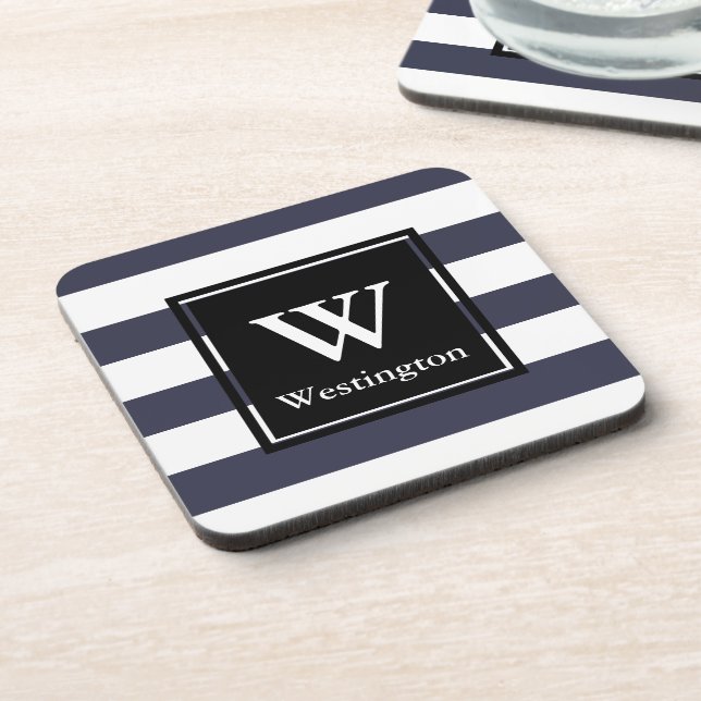Modern Thick White Stripes Family Name & Initial Coaster (Left Side)