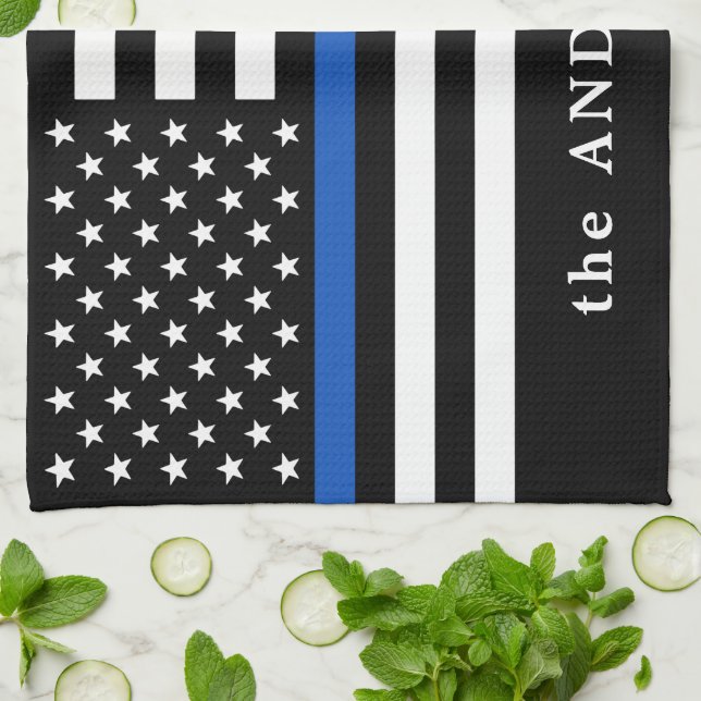 Modern Thin Blue Line Personalized Name Police Kitchen Towel (Folded)