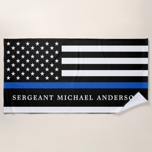 Modern Thin Blue Line Personalized Police Officer Beach Towel - Thin Blue Line Flag Beach Towel - USA American flag design in Police Flag colors, modern black blue design .
Perfect for all police officer's, police mom's and police wife's . Personalize with police officer's name, rank and or badge number, or family name. This thin blue line beach towel is perfect for a law enforcement retirement gifts, or police graduation gifts. . COPYRIGHT © 2020 Judy Burrows, Black Dog Art - All Rights Reserved. Modern Thin Blue Line Personalized Police Officer Beach Towel