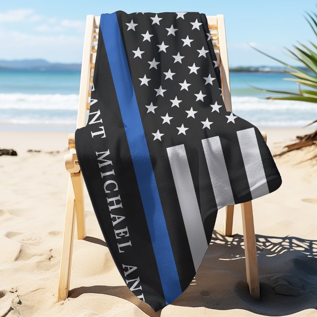 Modern Thin Blue Line Personalized Police Officer Beach Towel (Creator Uploaded)