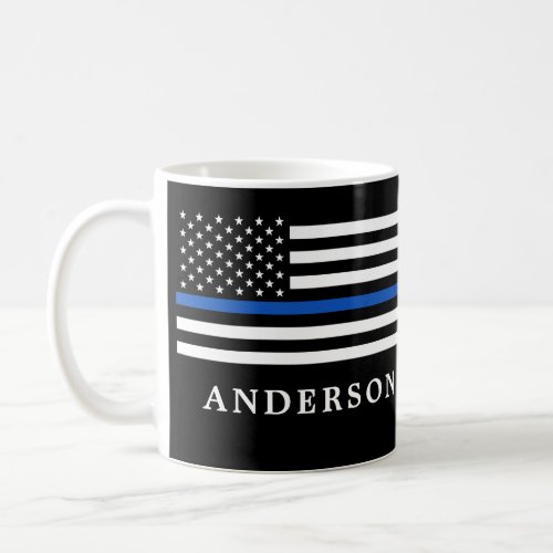 Modern Thin Blue Line Personalized Police Officer  Coffee Mug - Thin Blue Line Flag Coffee Mug - USA American flag design in Police Flag colors, modern black blue design .
Perfect for all police officer's, police mom's and police wife's . Personalize with police officer's name, and or badge number, or family name. This thin blue line coffee mug is perfect for a law enforcement retirement gifts, or police graduation gifts. . COPYRIGHT © 2020 Judy Burrows, Black Dog Art - All Rights Reserved. Modern Thin Blue Line Personalized Police Officer Coffee Mug