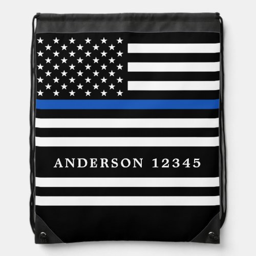 Modern Thin Blue Line Personalized Police Officer  Drawstring Bag - Thin Blue Line Flag Drawstring backpack - USA American flag design in Police Flag colors, modern black blue design .
Perfect for all police officer's, police mom's and police wife's . Personalize with police officer's name, and or badge number, or family name. This thin blue line drawstring bag is perfect for a law enforcement retirement gifts, or police graduation gifts. . COPYRIGHT © 2020 Judy Burrows, Black Dog Art - All Rights Reserved. Modern Thin Blue Line Personalized Police Officer Drawstring bag 