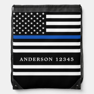 Modern Thin Blue Line Personalized Police Officer Drawstring Bag