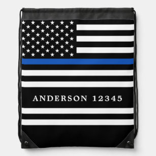 Modern Thin Blue Line Personalized Police Officer  Drawstring Bag