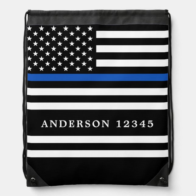 Modern Thin Blue Line Personalized Police Officer  Drawstring Bag (Front)