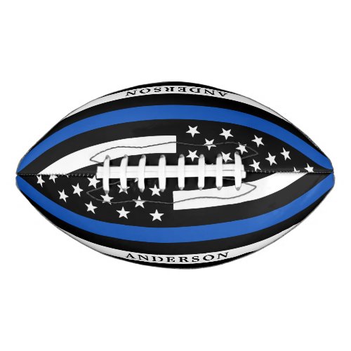 Modern Thin Blue Line Personalized Police Officer Football - Thin Blue Line Flag Football  - USA American flag design in Police Flag colors, modern black blue design .
Perfect for all police officer's, and law enforcement. Personalize with police officer's name, and or badge number, or family name. This thin blue line football is perfect for a law enforcement retirement gifts, or police graduation gifts. . COPYRIGHT © 2020 Judy Burrows, Black Dog Art - All Rights Reserved. Modern Thin Blue Line Personalized Police Officer Football 