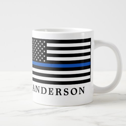 Modern Thin Blue Line Personalized Police Officer Giant Coffee Mug - Thin Blue Line Flag Coffee Mug - USA American flag design in Police Flag colors, modern black blue design .
Perfect for all police officer's, police mom's and police wife's . Personalize with police officer's name, and or badge number, or family name. This thin blue line coffee mug is perfect for a law enforcement retirement gifts, or police graduation gifts. . COPYRIGHT © 2020 Judy Burrows, Black Dog Art - All Rights Reserved. Modern Thin Blue Line Personalized Police Officer Giant Coffee Mug