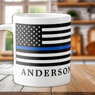 Modern Thin Blue Line Personalized Police Officer Giant Coffee Mug