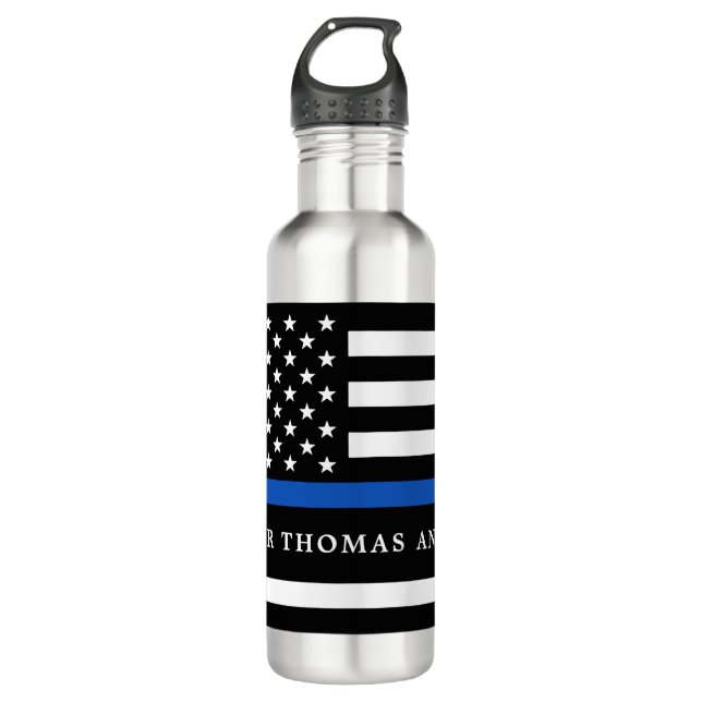 Modern Thin Blue Line Personalized Police Officer Stainless Steel Water Bottle (Front)