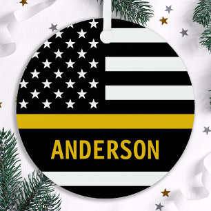 Modern Thin Gold Line Personalized 911 Dispatcher Metal Ornament