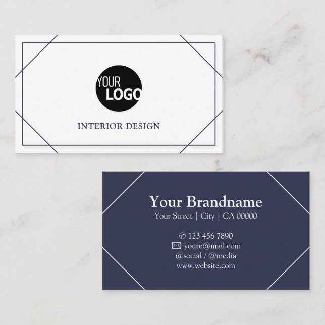 Modern Thin Lines Border Frame Logo Template Blue Business Card (Front/Back)