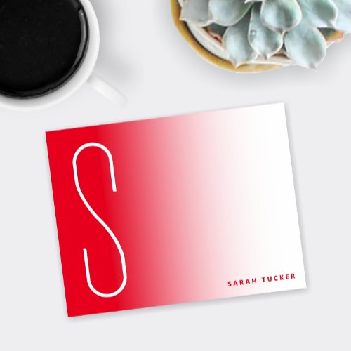 Modern Thin Monogram Bright Red Fade Professional Note Card