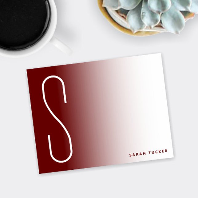 Modern Thin Monogram Dark Red Fade Professional Note Card (Thin monogram dark red / burgundy ombre flat note card)