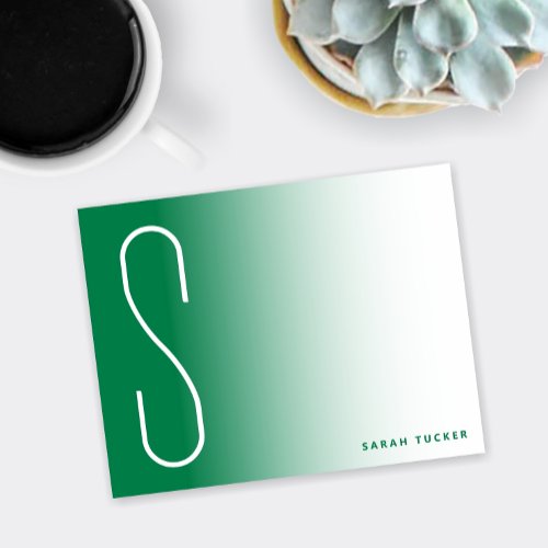 Modern Thin Monogram Green Fade Professional Note Card
