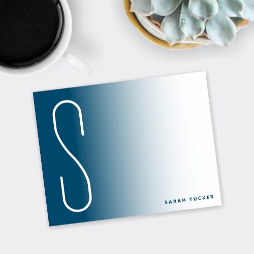 Modern Thin Monogram Ocean Blue Fade Professional Note Card