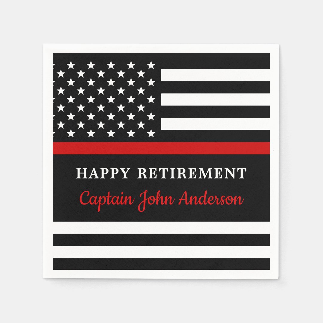 Modern Thin Red Line Firefighter Happy Retirement Napkins | Zazzle