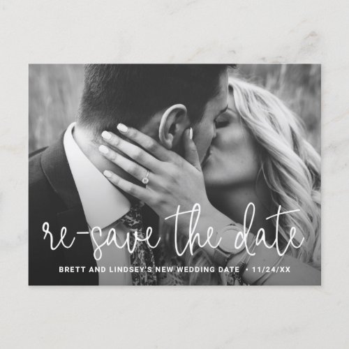 Modern Thin Script Photo Wedding Postponement Announcement Postcard