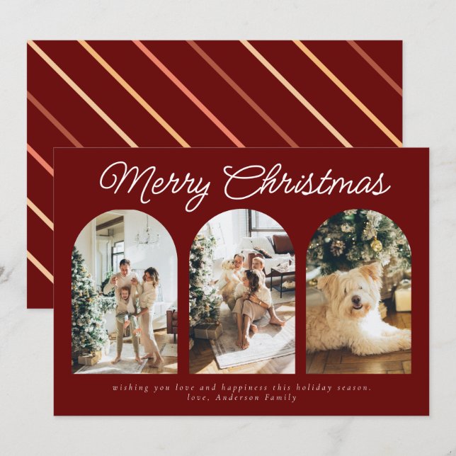 Modern Three Arch Curve Photo Christmas Script Red Holiday Card (Front/Back)