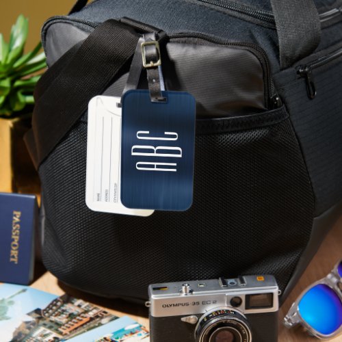 Modern Three Letter Monogram Dusty Navy Blue Foil Luggage Tag