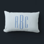 Modern Three Letter Monogram Light Blue Lumbar Pillow<br><div class="desc">Modern cornflower blue First Last Middle or wedding style three letter monogram design in a stylish bold all caps font.
Customize the pale blue background to match your business or favorite bright color.
You can adjust the letter spacing or font size and style on the back.</div>