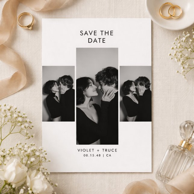 Modern Three Photo Black and White Wedding Save The Date (Creator Uploaded)