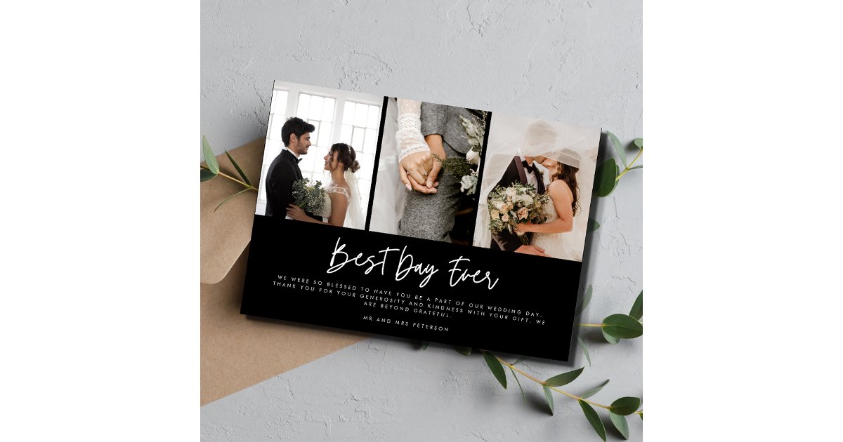 Modern Three Photo Black White Wedding Thank You Card | Zazzle