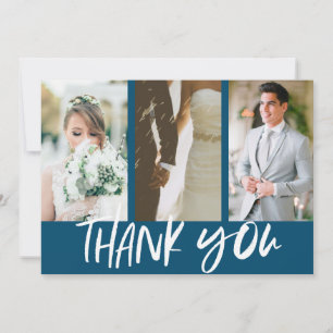 Modern Three Photo Blue Wedding Thank You