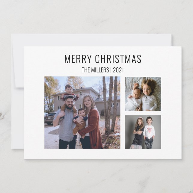 Modern Three Photo Christmas Card - White (Front)
