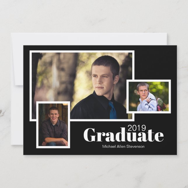 Modern Three Photo Classic Black Graduation Party Invitation (Front)