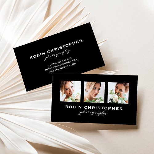 Modern Three Photo Collage Black Photographer Business Card