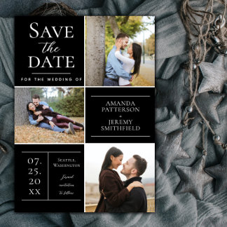 Modern Three Photo Collage | Black Save the Date