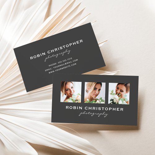 Modern Three Photo Collage Charcoal Photographer Business Card