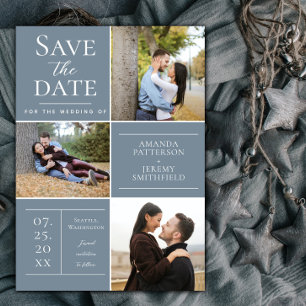 Modern Three Photo Collage   Dusty Blue Save The Date