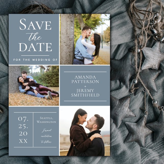 Modern Three Photo Collage | Dusty Blue Save The Date (Dusty Blue Modern Three Photo Collage Save the Date)