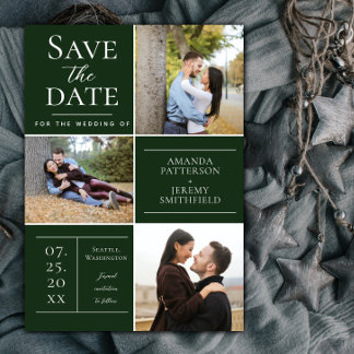 Modern Three Photo Collage | Emerald Green Save The Date
