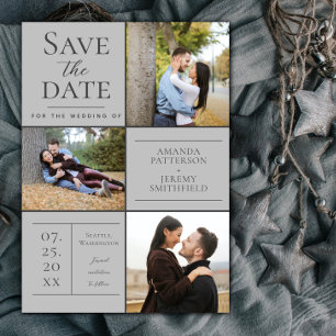 Modern Three Photo Collage Gray Save the Date