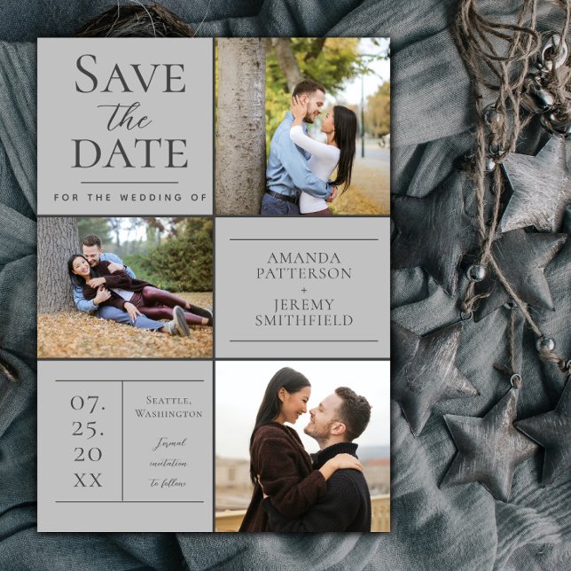 Modern Three Photo Collage | Gray Save the Date (Light Gray Modern Three Photo Collage Save the Date)