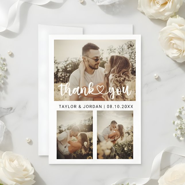 Modern Three Photo Collage Heart Script Wedding  Thank You Card (Creator Uploaded)
