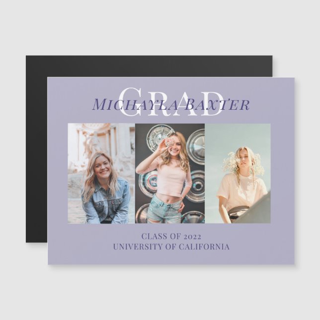 Modern Three Photo Collage Purple Graduation  (Front/Back)