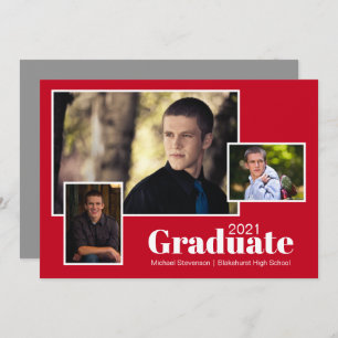 Modern Three Photo Gray and Red Graduation Party Invitation